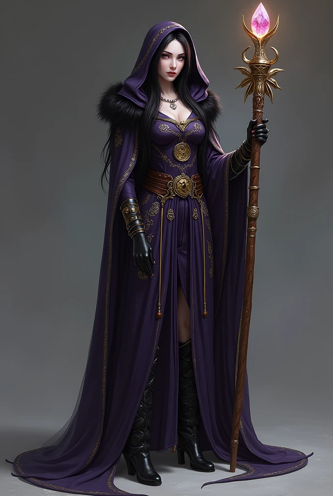 name: Elyria the Wise Age: About 30 years old Height: Tall and slender Clothing: Elyria wears a long dark purple tunic, with golden embroidery representing ancient magical symbols. The tunic has a hooded cloak, lined with dark fur and decorated with thin silver threads that shine in the light. He wears a leather belt around his waist, from which potions and small amulets hang. His black leather boots are elegant yet durable., ideal for walking on rough trails.
I wait: She has long black hair that falls straight down to her waist., often woven with pearls or magic ribbons. Her eyes are a deep purple, that exude an aura of mystery. Her face has delicate but firm features., with pale, almost ethereal skin.
Accessories: Elyria holds a wizard's staff carved from ancient wood., with a bright crystal set at the top. She wears several magic rings and a necklace with a crescent moon pendant..
Personality: She is wise and calm, but it exudes an aura of power. His presence is imposing and authoritative, often surrounded by a faint magical glow