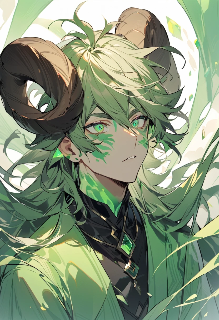 a boy with light brown, unruly hair, with large, rounded horns like those of rams coming out of both sides of his head, his eyes were blue, and on his neck he had some kind of strange diamond-shaped marks. He was dressed completely in green.