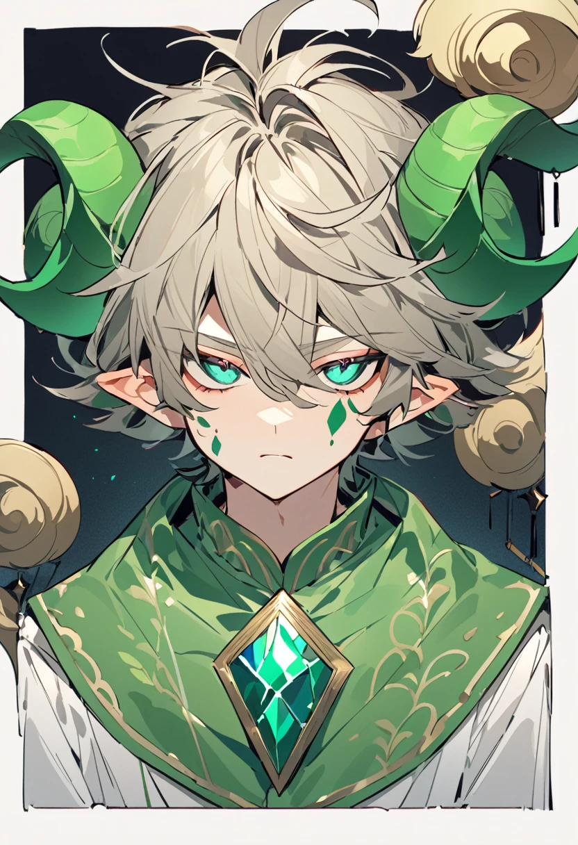 a boy with light brown, unruly hair, with large, rounded horns like those of rams coming out of both sides of his head, his eyes were blue, and on his neck he had some kind of strange diamond-shaped marks. He was dressed completely in green.