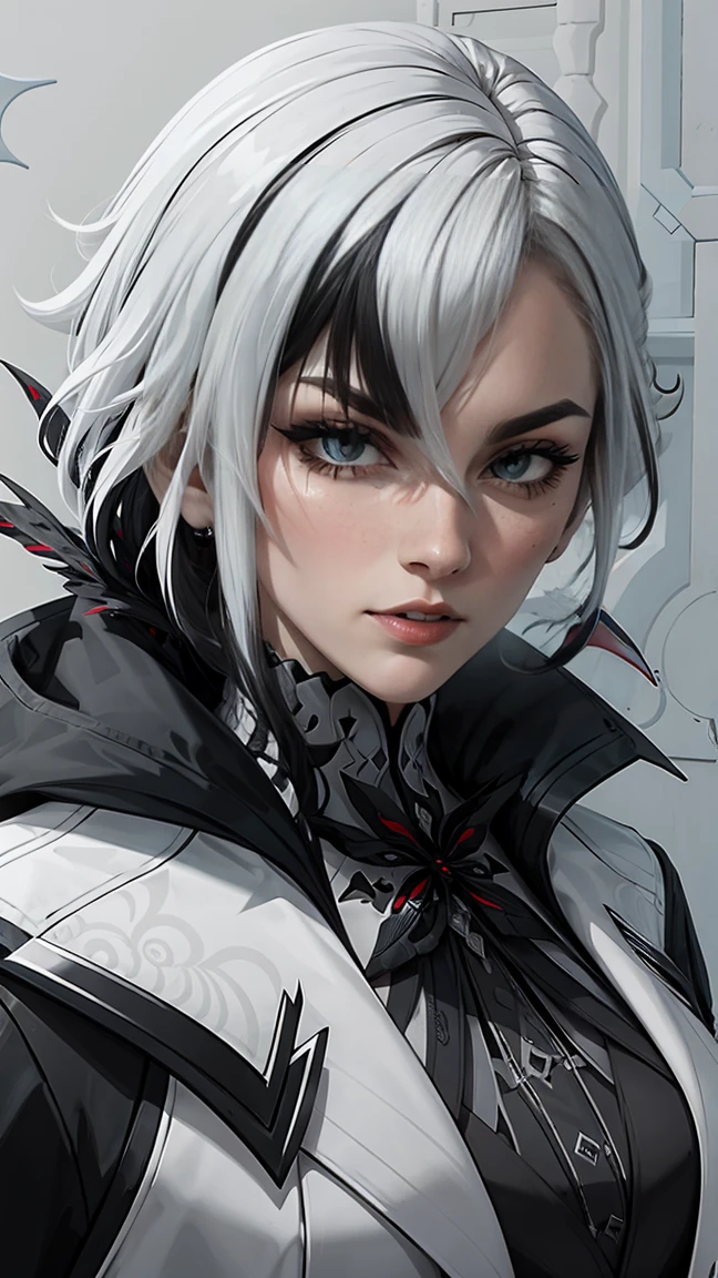 1 girl, One, White hair, black hair, multicolored hair, black eyes, X-shaped pupils, White Arles_suit, face concentrated