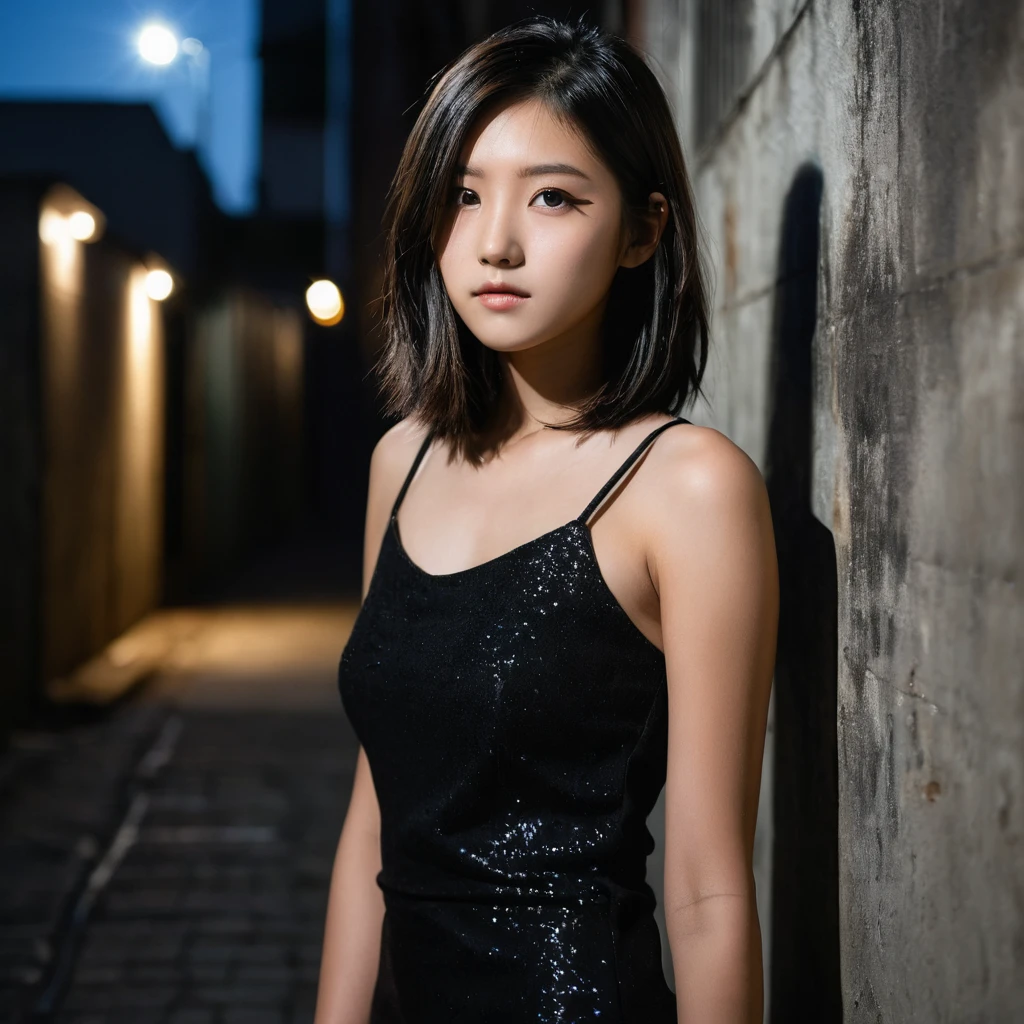 Yui, photo of female, age 15 year, black shoulder length hair with brown highlights; (dslr, ultra quality, film grain, Fujifilm XT3, crystal clear, 8K UHD, highly detailed glossy eyes, high detailed skin, skin pores); at night, back alley with concrete walls, distant light, squating, wearing mini tight black dress, side view, very tall heel