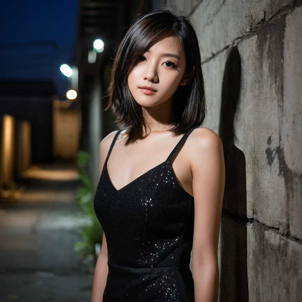 Yui, photo of female, age 15 year, black shoulder length hair with brown highlights; (dslr, ultra quality, film grain, Fujifilm XT3, crystal clear, 8K UHD, highly detailed glossy eyes, high detailed skin, skin pores); at night, back alley with concrete walls, distant light, squating, wearing mini tight black dress, side view, very tall heel