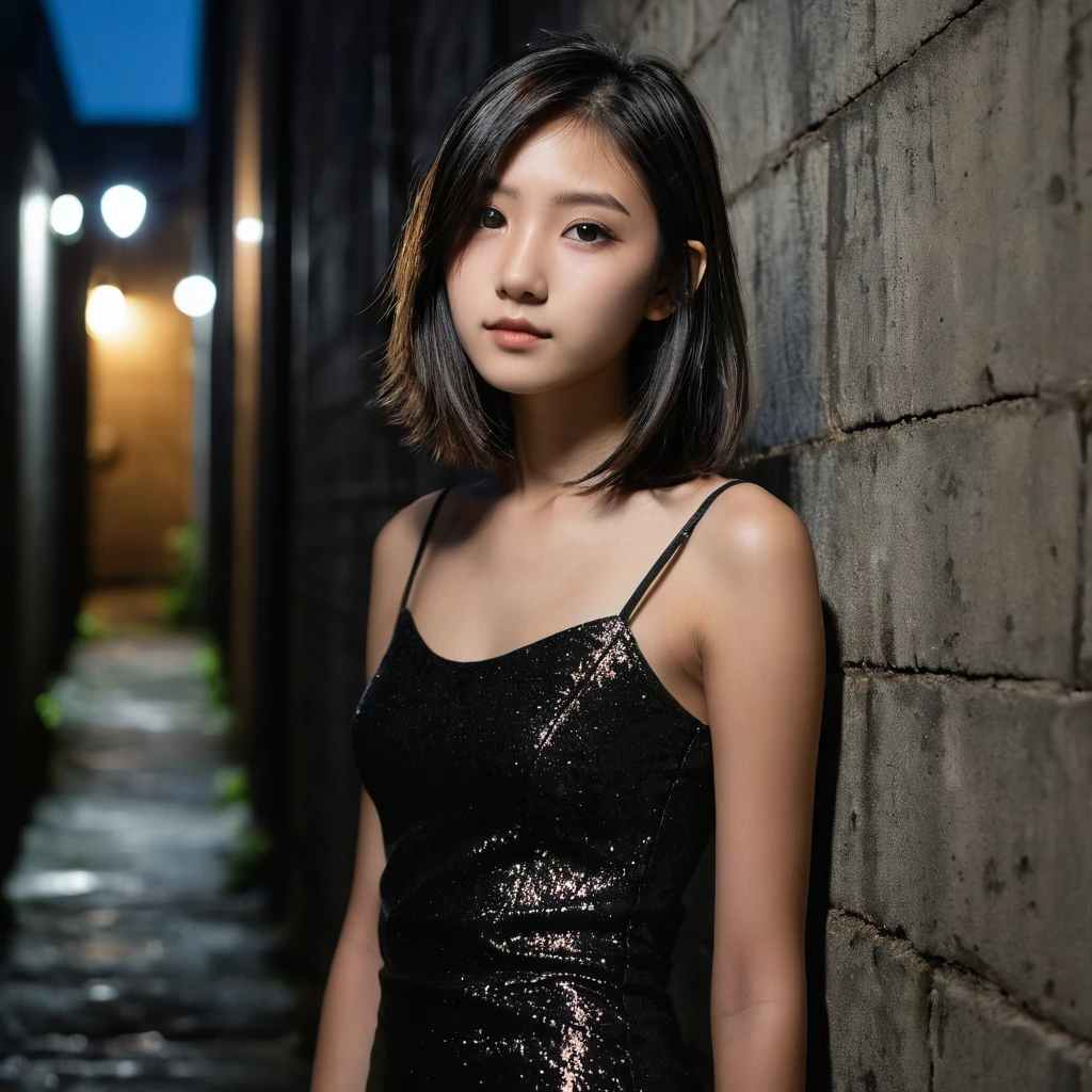 Yui, photo of female, age 15 year, black shoulder length hair with brown highlights; (dslr, ultra quality, film grain, Fujifilm XT3, crystal clear, 8K UHD, highly detailed glossy eyes, high detailed skin, skin pores); at night, back alley with concrete walls, distant light, squating, wearing mini tight black dress, side view, very tall heel