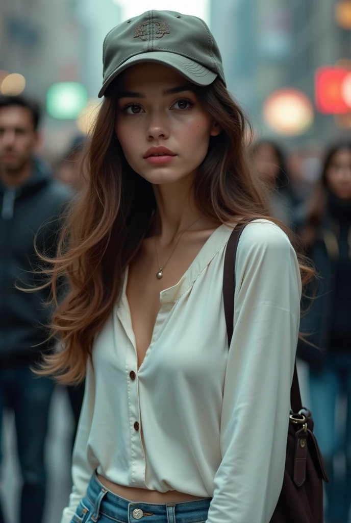 ((beautiful a girl:1.3))((white henley neck long sleeve shirt＿JINS＿baseball cap:1.4))((In the street_In the crowd:1.2)),((Thin_fabric:1.4))((Walking towards us:1.3))((with a flushed face:1.4))((breasts of medium size,:1.2))((close-up:1.2)) Best Quality,masutepiece,超A high resolution,(Photorealistic:1.4),Raw photo,(Authentic skin texture:1.3),(Film grain:1.3),the panorama,Character Portrait,Very Wide Shot,Narrow waist,Cowboy Shot,(In the Dark, deepshadow, lowkey, cold light,) Night,(()),Streaming Tears,,Dust,Tindall Effect,(expression),1girl in,beautiful detailed eyes and face,White Jabot,Brown eyes,((Brown-colored super long hair:1.2)),((Loosely curled hair:1.2)) ((Full body:1.3)) ((Little smile:1.3))