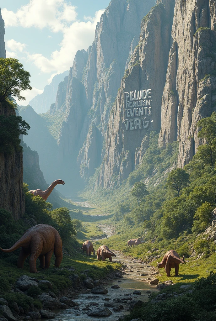 make a large background of varied dinosaurs and with the following writing engraved on the mountain: Prelude Realism Events very large