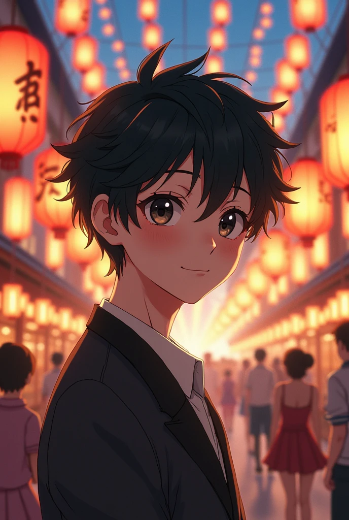 Anime, male, black hair, black eyes, fantasy, falling in love at a festival