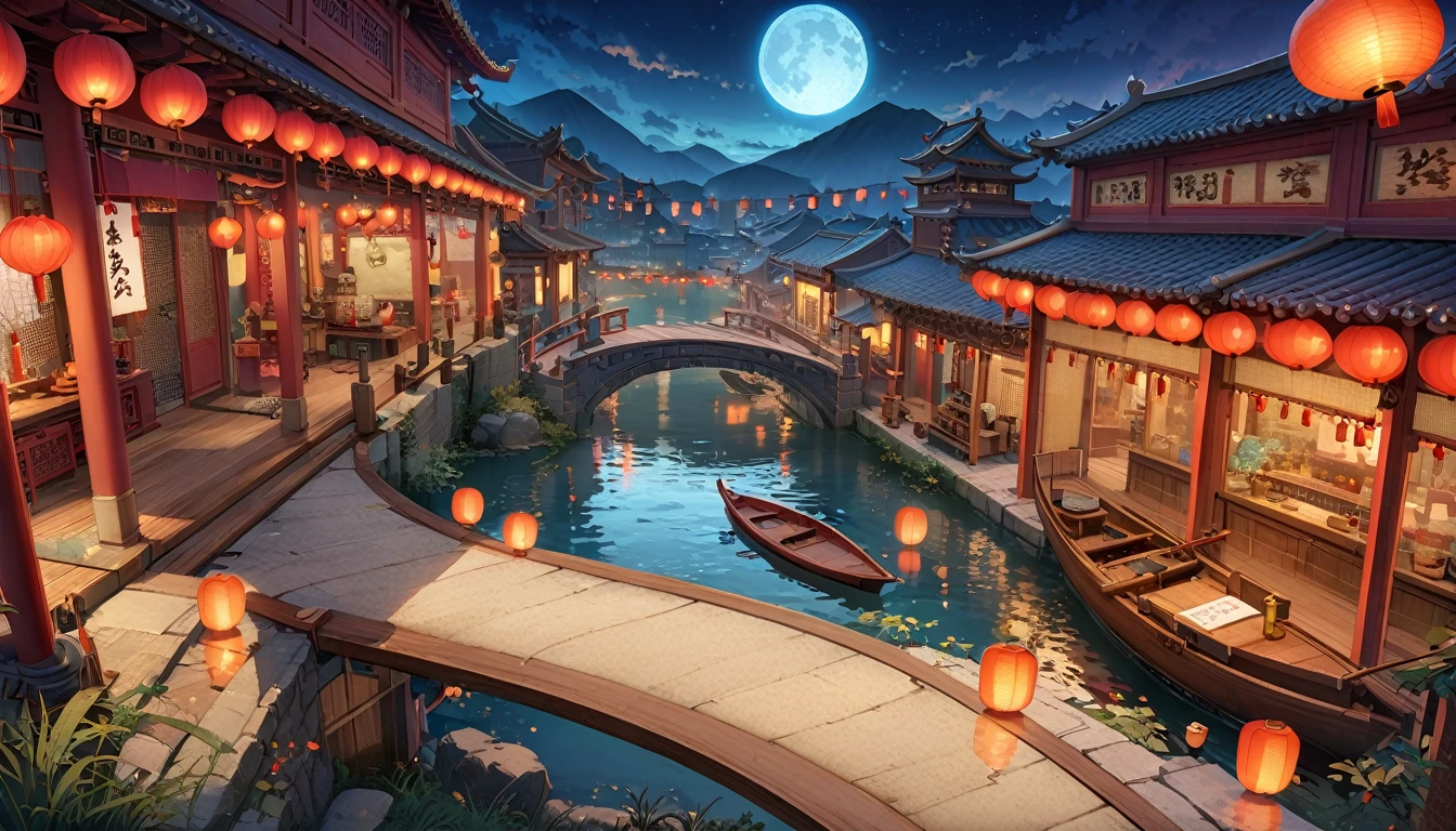 Official Art, ancient China, Ancient Street, (night), ​masterpiece, top-quality, depth of fields, high details, 8k, anime a night scene of china town, lots of shop outlets, chinese lanterns, detailed background, high angle view, beside a river, wooden boats, a large bridge on the front, moon, mountains background
