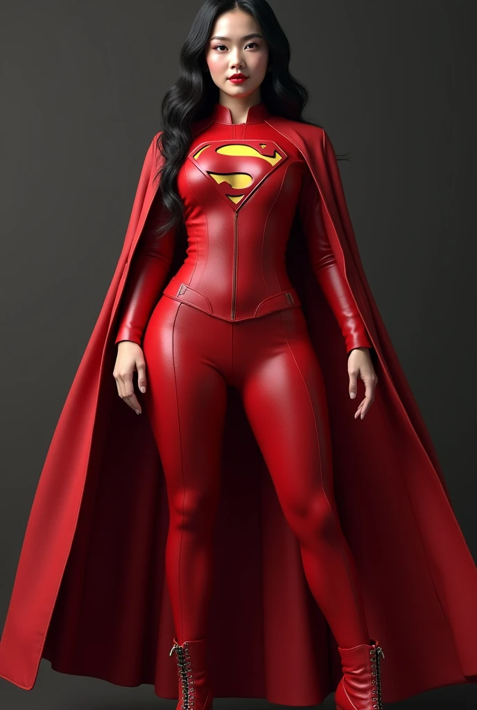 Beautiful curvy Chinese white skin girl, Red lips, Red jumpsuit, superman logo, coat, boots, Standing posture when shooting, Very detailed, HD, Extremely detailed, Ray Tracing, high resolution, Stunning visuals,