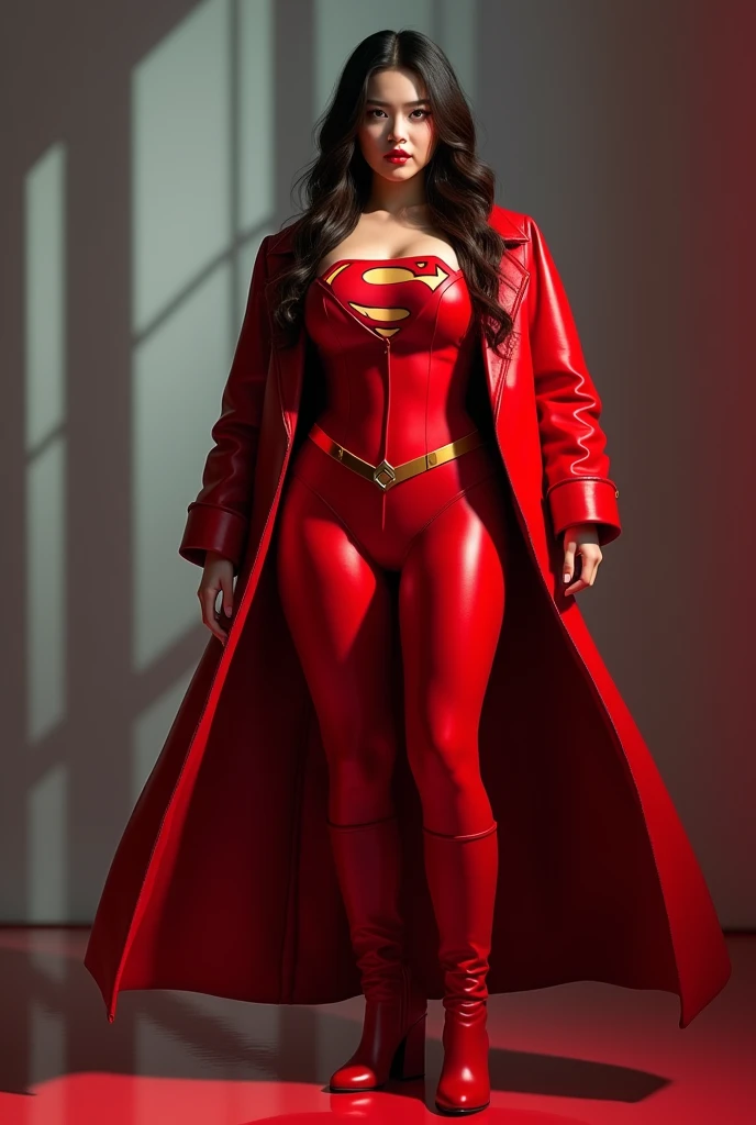 Beautiful curvy Chinese white skin girl, Red lips, Red jumpsuit, superman logo, coat, boots, Standing posture when shooting, Very detailed, HD, Extremely detailed, Ray Tracing, high resolution, Stunning visuals,