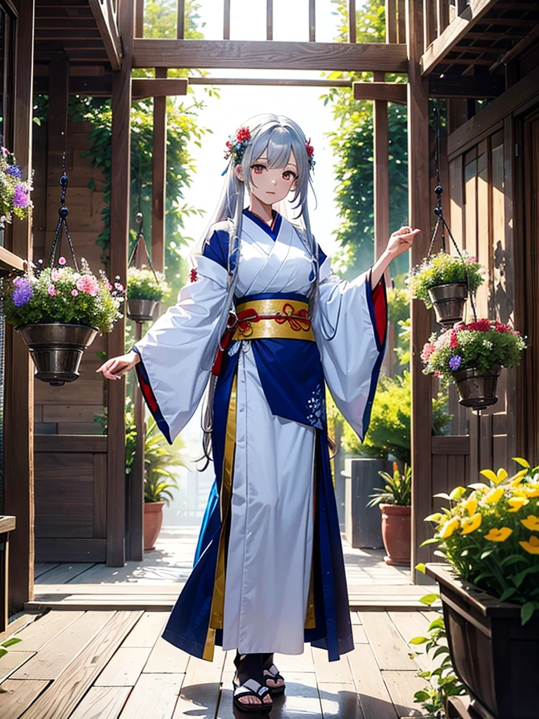 Magnificent View、Floating Island、Hanging Garden、Outdoor、High definition、Holy Maiden、Shrine maiden、With many flowers blooming、Silver Hair（The top of the head is indigo blue、The ends of the hair are red.）、whole body、Jade Eyes、Dance dedicated to the gods、Votive dance
