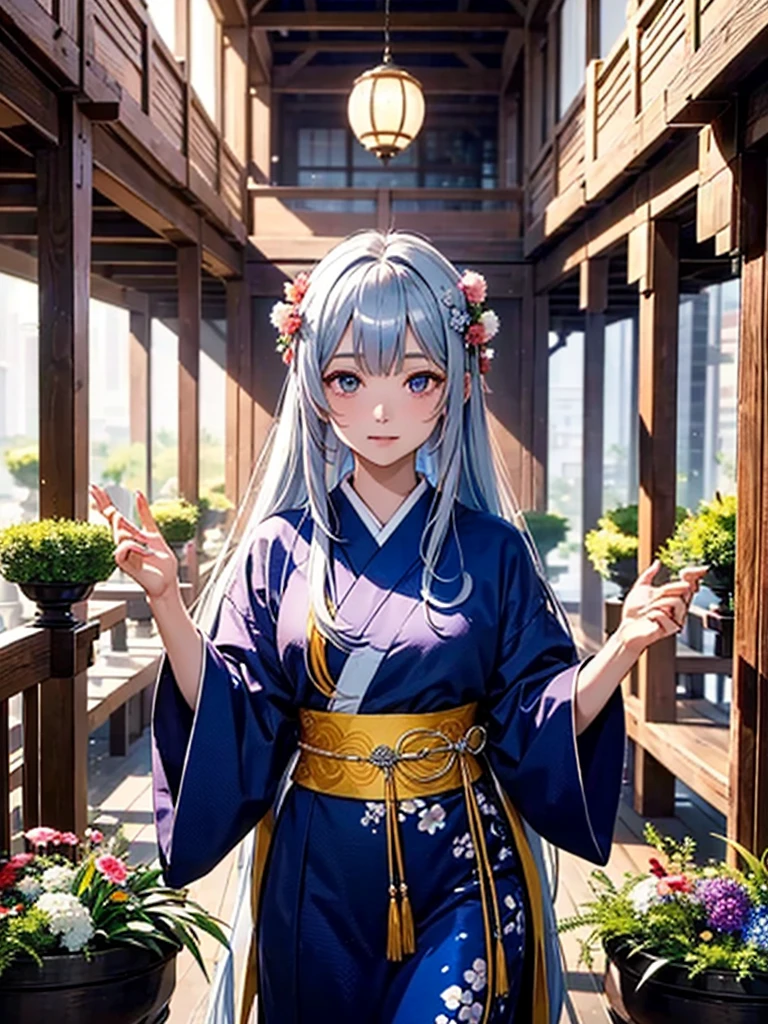 Magnificent View、Floating Island、Hanging Garden、Outdoor、High definition、Holy Maiden、Shrine maiden、With many flowers blooming、Silver Hair（The top of the head is indigo blue、The ends of the hair are red.）、whole body、Jade Eyes、Dance dedicated to the gods、Votive dance
