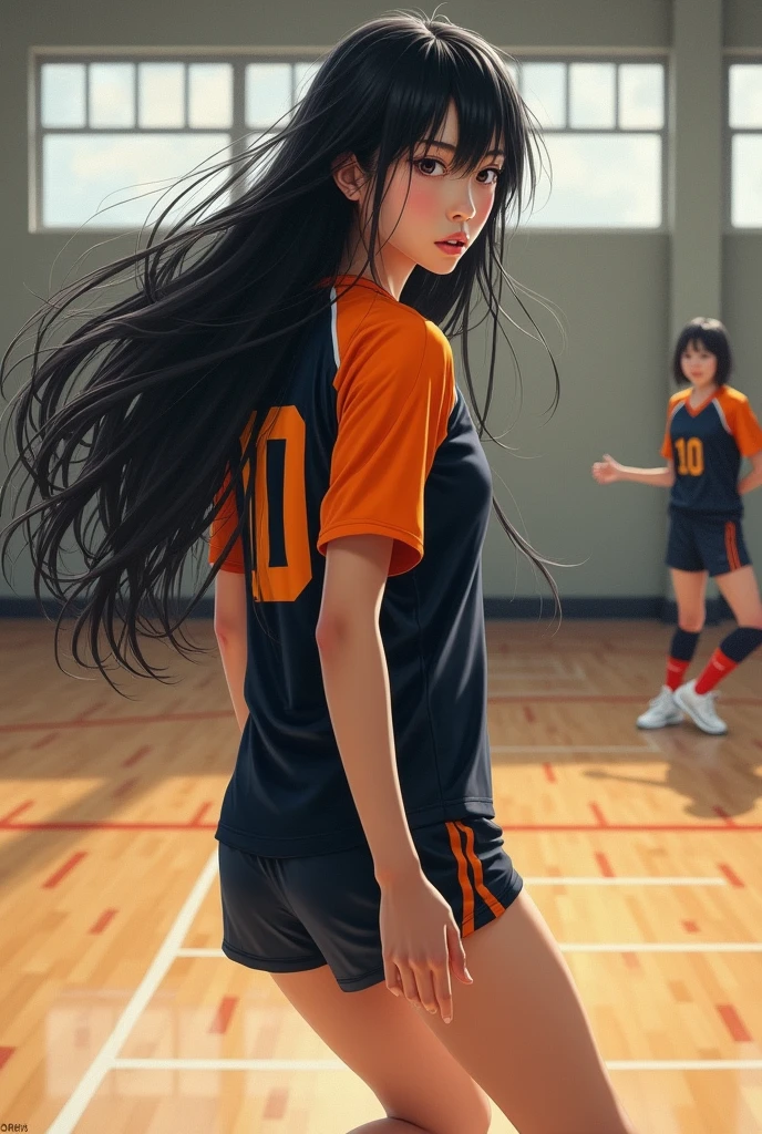 Japanese long black hair high school girl painting style。
oil。
Volleyball club practicing in the gym。
The uniform is black and orange with short sleeves.、Black underneath。The number on his back is 10. It looks like a photograph.。
