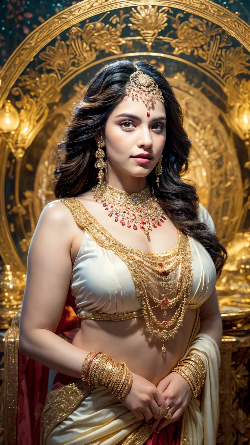 ((Best quality, 8k, Masterpiece :1.3)), Sharp focus :1.2, Generate a realistic image of a beautiful sexy Indian woman plus size body: 8.5 dressed in a white Kasava saree, adorned with traditional ornaments, standing in a well-lit room with cinematic lighting. ((Front view, random elegant pose)), and there is a sense of grace and elegance in her posture. The background should complement the scene, enhancing the overall aesthetic appeal of the image. Photography by Brandon Woelfel, Full shot: Canon EF 16-35mm f/2.8L III USM lens on a Canon EOS 9D Mark IV camera, ultra realistic, 64k, HD