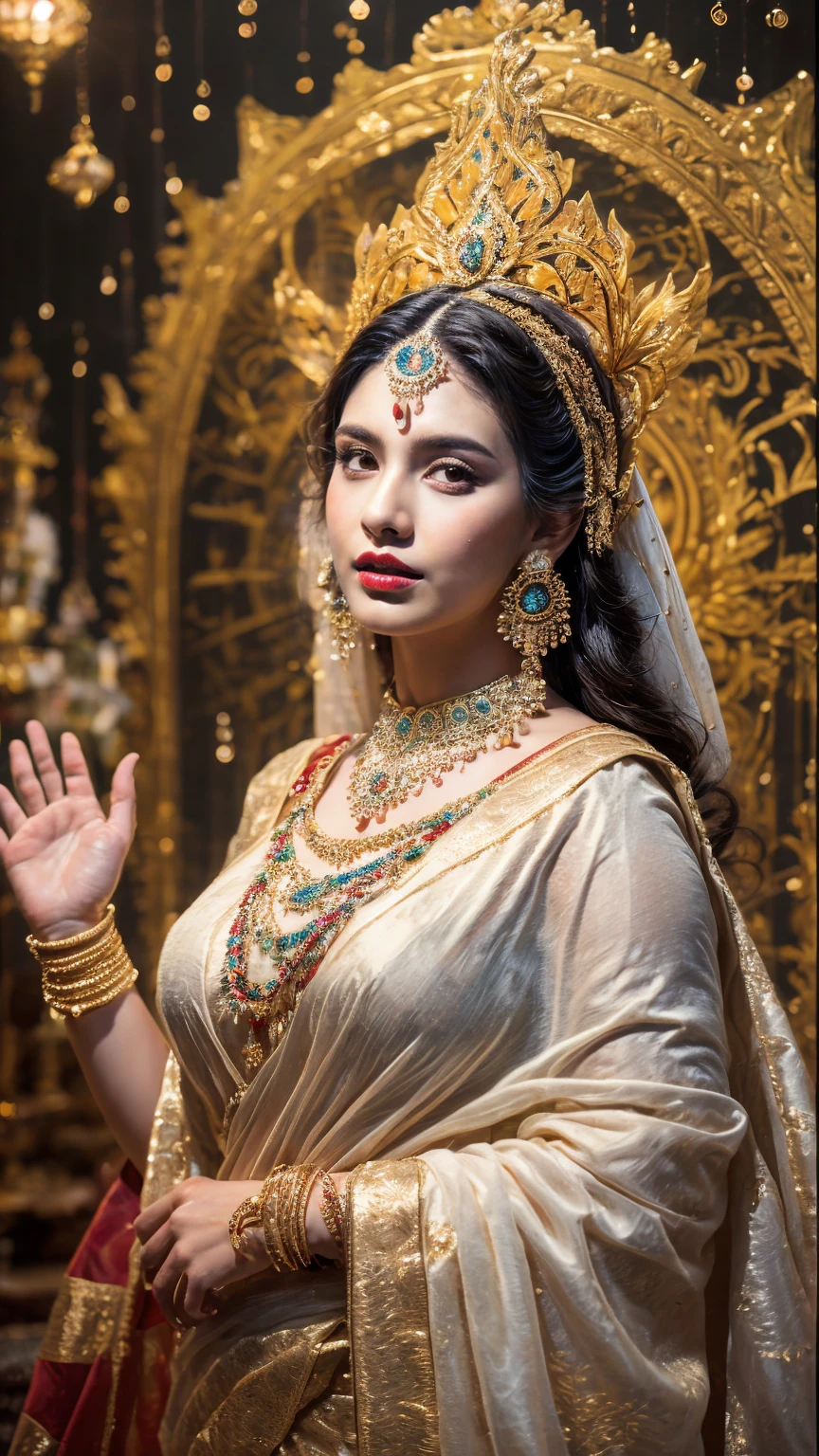 ((Best quality, 8k, Masterpiece :1.3)), Sharp focus :1.2, Generate a realistic image of a beautiful sexy Indian woman plus size body: 8.5 dressed in a white Kasava saree, adorned with traditional ornaments, standing in a well-lit room with cinematic lighting. ((Front view, random elegant pose)), and there is a sense of grace and elegance in her posture. The background should complement the scene, enhancing the overall aesthetic appeal of the image. Photography by Brandon Woelfel, Full shot: Canon EF 16-35mm f/2.8L III USM lens on a Canon EOS 9D Mark IV camera, ultra realistic, 64k, HD