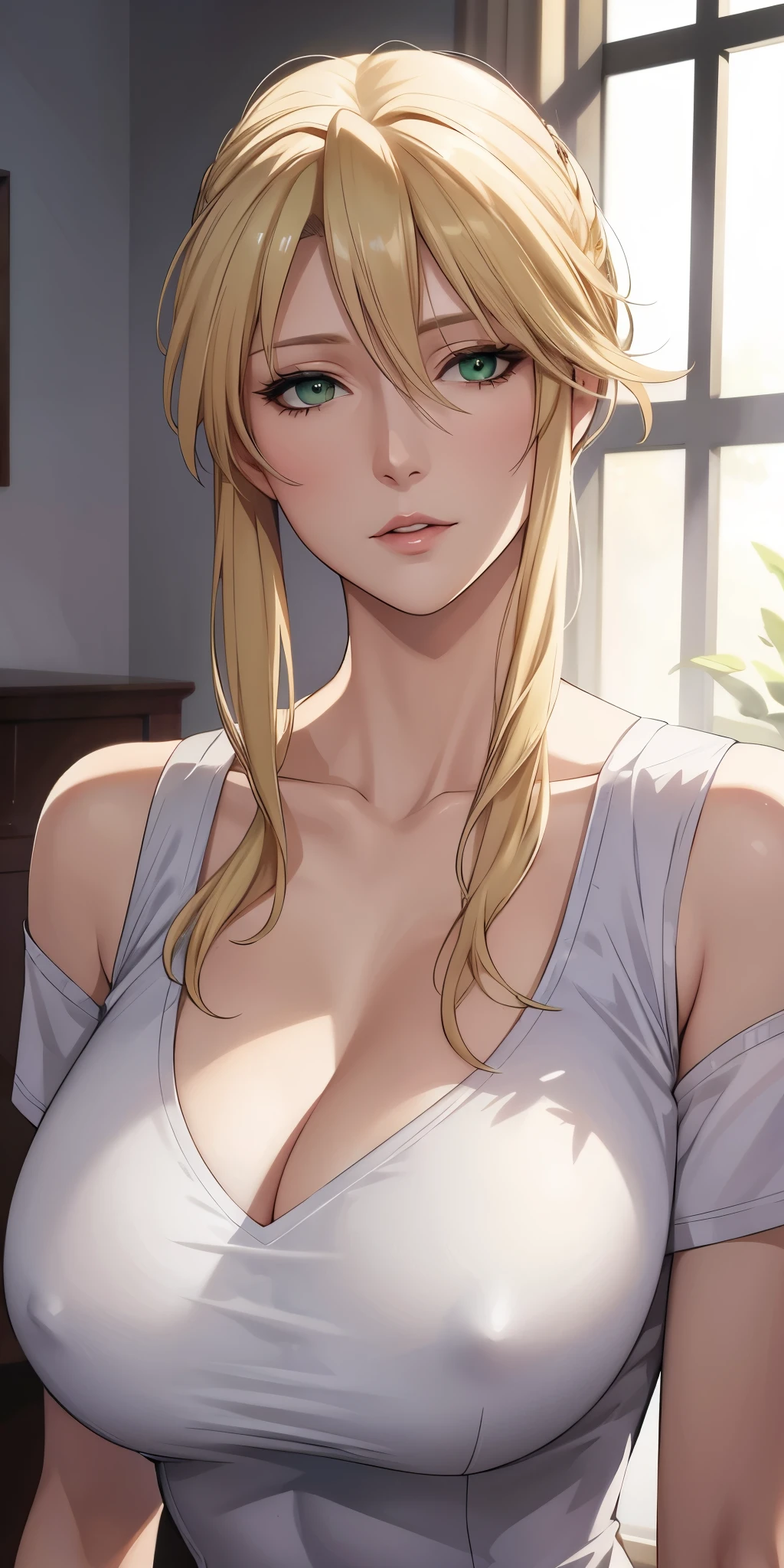 Elegant mature female, artoria pendragon, green eyes, blonde hair, soft light, 4k resolution, high quality, beautiful cg