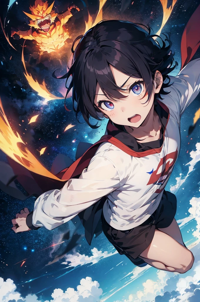 An anime boy,His eyes are blue, hair is red,One night he is flying in the middle of the sky.Around him, an infinite power was roaring.An orko name is engraved on his chest