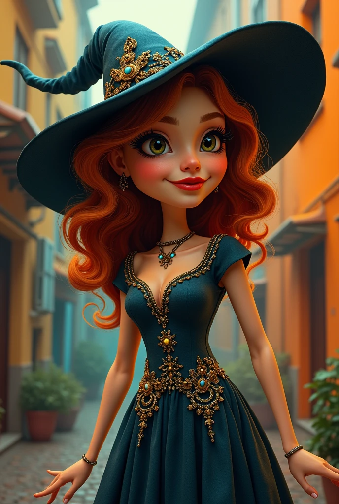 a modern witch in 1930s cartoon caricature style, rubber hose style, beautiful detailed eyes, beautiful detailed lips, extremely detailed face, long eyelashes, intricate detailed dress, rubber hose limbs,  dynamic pose, (best quality,4k,8k,highres,masterpiece:1.2),ultra-detailed,(realistic,photorealistic,photo-realistic:1.37),vivid colors,professional painting