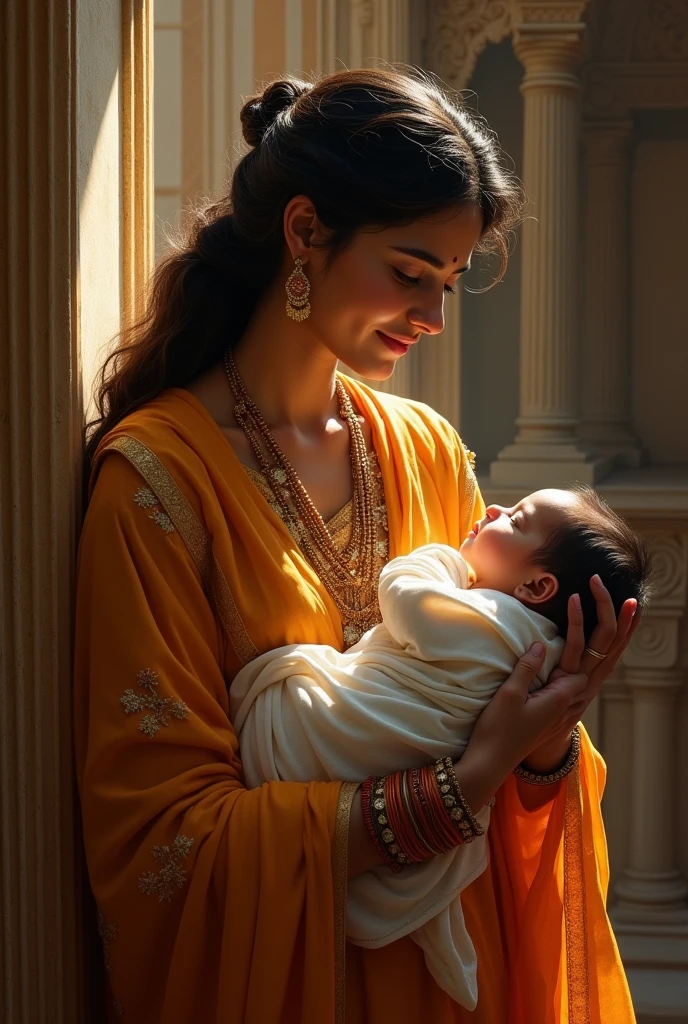 Create an image where Shivaji Maharaj just born in the hands of his mother