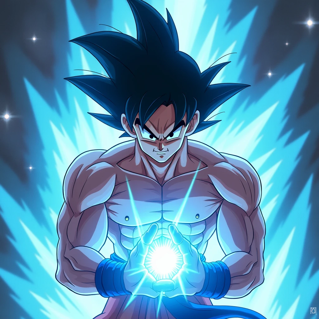 (masterpiece:1.2) (best quality) (detailed) (intricate) (8k) (HDR) (wallpaper) (cinematic lighting) (sharp focus), Goku, shirtless,anime artstyle, extremely detailed, close up,blue aura,Goku putting his palms together Infront of him and performing the Kamehameha, dynamic angle,Goku smirking, absolutely astonishing art, muscular frame, (Dragon ball artstyle:12)