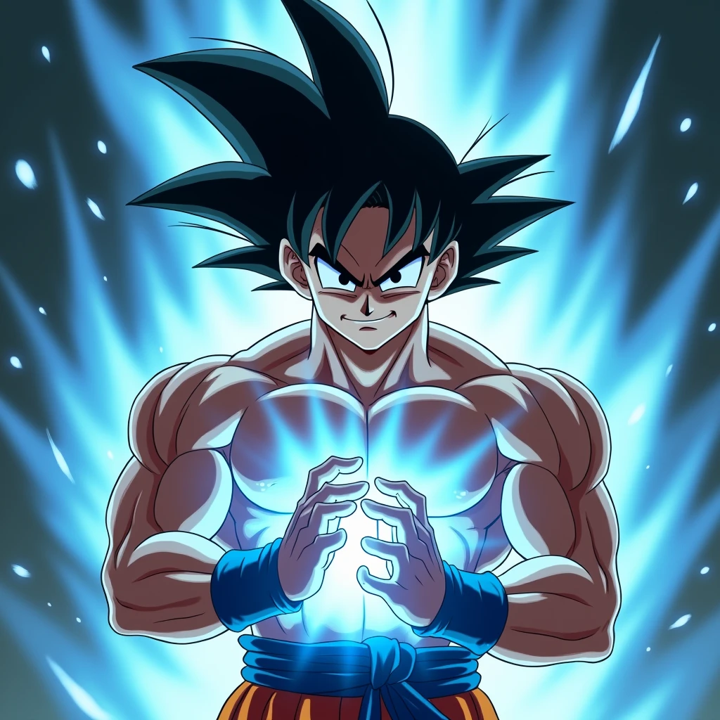 (masterpiece:1.2) (best quality) (detailed) (intricate) (8k) (HDR) (wallpaper) (cinematic lighting) (sharp focus), Goku, shirtless,anime artstyle, extremely detailed, close up,blue aura,Goku putting his palms together Infront of him and performing the Kamehameha, dynamic angle,Goku smirking, absolutely astonishing art, muscular frame, (Dragon ball artstyle:12)