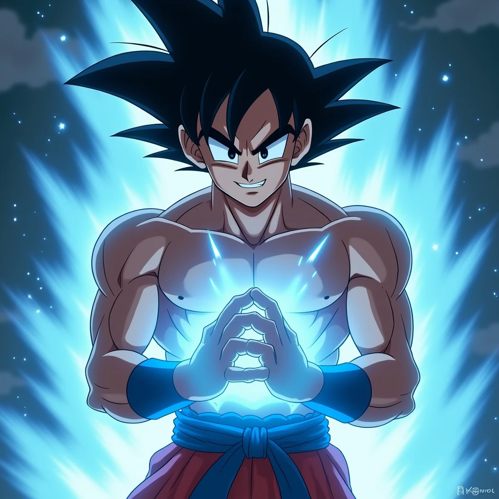 (masterpiece:1.2) (best quality) (detailed) (intricate) (8k) (HDR) (wallpaper) (cinematic lighting) (sharp focus), Goku, shirtless,anime artstyle, extremely detailed, close up,blue aura,Goku putting his palms together Infront of him and performing the Kamehameha, dynamic angle,Goku smirking, absolutely astonishing art, muscular frame, (Dragon ball artstyle:12)