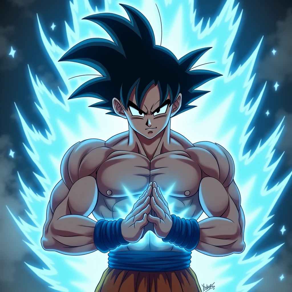 (masterpiece:1.2) (best quality) (detailed) (intricate) (8k) (HDR) (wallpaper) (cinematic lighting) (sharp focus), Goku, shirtless,anime artstyle, extremely detailed, close up,blue aura,Goku putting his palms together Infront of him and performing the Kamehameha, dynamic angle,Goku smirking, absolutely astonishing art, muscular frame, (Dragon ball artstyle:12)