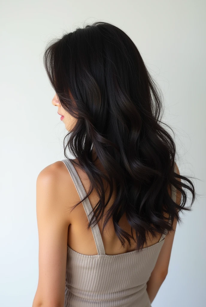Semi-long hairstyle seen from the back、Top Volume、Hair bouncing on shoulders、Gently curving hair、Outside 、Tightening around the neck、Airy feeling、Japanese、Strong waist、Hairy、Soft texture、Reduce hair volume、White wall background、studio