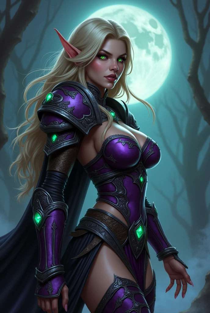 Tema del juego World of Warcraft,fullmoon,extremeley curvaceous buxom bimbo vixen female elf,very bright green glowing eyes, Imagen de una female elf Sylvanas Windrunner,Alfonso Azpiri styles,intense flirty stare,side view ,elfa guapa y hermosa edad 32 de cabello Rubio de pie sosteniendo dos Dagas Jambiya Violetas Cortas brillantes favoritas una en cada mano ,blood elf Assassin Wow, wide hips, narrow waist, gigantic humungus breasts,extremely curvaceous, Long elf ears, long eye brows,((((Very Bright glowing Red eyes))), dark Purple Light female Assassin Armor with emeralds , Skull Pauldrons, dark purple skull Pauldron with emeralds, purple Chestpiece, purple and black Gauntlets, Black tabard, tonos dramáticos.