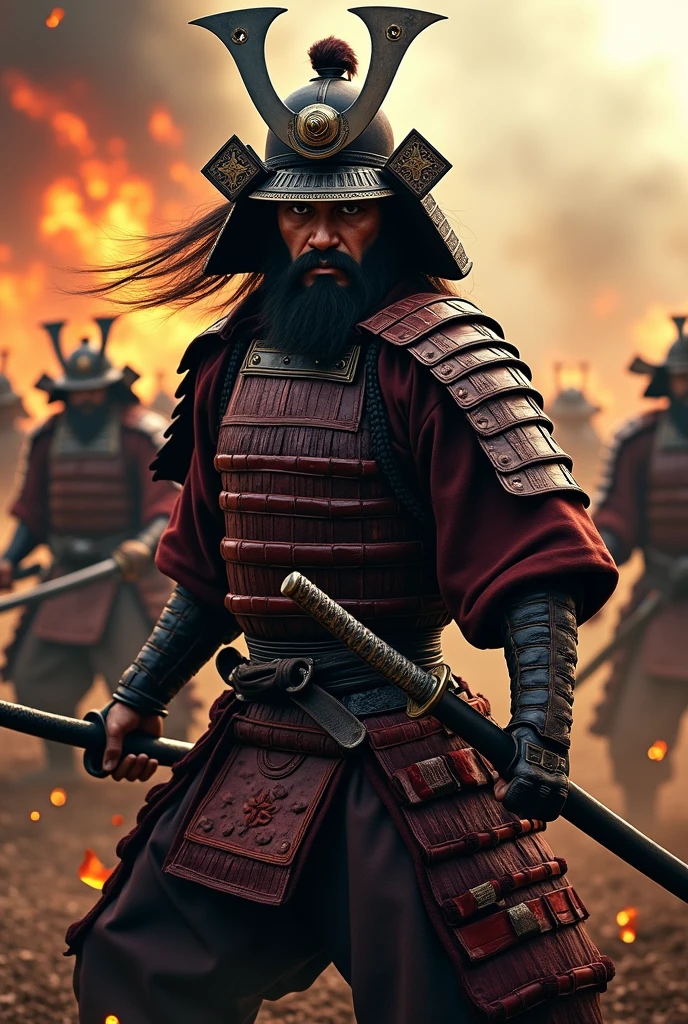 Japanese Samurai、Warlords of the Warring States Period、Helmet、Violent fight scenes、Full body scene, There are many people fighting、Flames burst into flames everywhere、Presence。reality、Reliability、Black Hair、40 years old、beard、Widescreen,