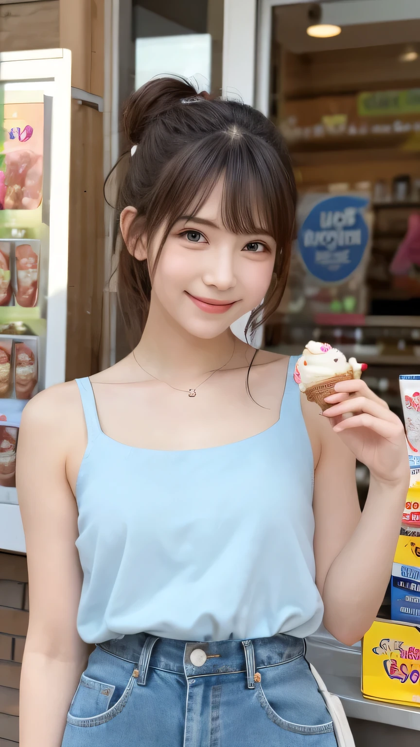 Best image quality (8k, High resolution, masterpiece: 1.2), Very detailed, Random Hairstyles, 26-year-old woman,
Extraordinary beautiful girl、Cute and beautiful face details、(Dealing with the Children_v1:0.008)、
score_9, score_8_upper, score_7_upper,
situation: In front of a colorful ice cream stand、A girl is choosing ice cream with her friends。She is smiling and pointing at the ice cream while talking to the store clerk.。
system: She put her hands on the counter and leaned forward a little.、Enjoying choosing ice cream flavors。
Camera angle: At face-level angle、Frame her smiling face and the colorful display of ice cream.。Other customers and bright sunlight are reflected in the background.。
clothing: in a light blue sleeveless top、Wearing short denim pants。On her feet in white sandals、A small colorful shoulder bag is hanging from her shoulder.。
,Active stop temporarily ,
On her side、The thunder danced。
Focus on the upper waist
, Random cute poses ,Big eyes ,Puffy eyes , Heart pupil, blush , Big shy smile , salute