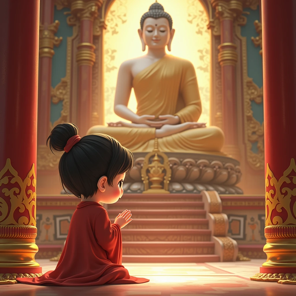 Best quality, extreme details, masterpiece, 8K wallpaper, official art, a pious cute  praying in front of the Buddha statue