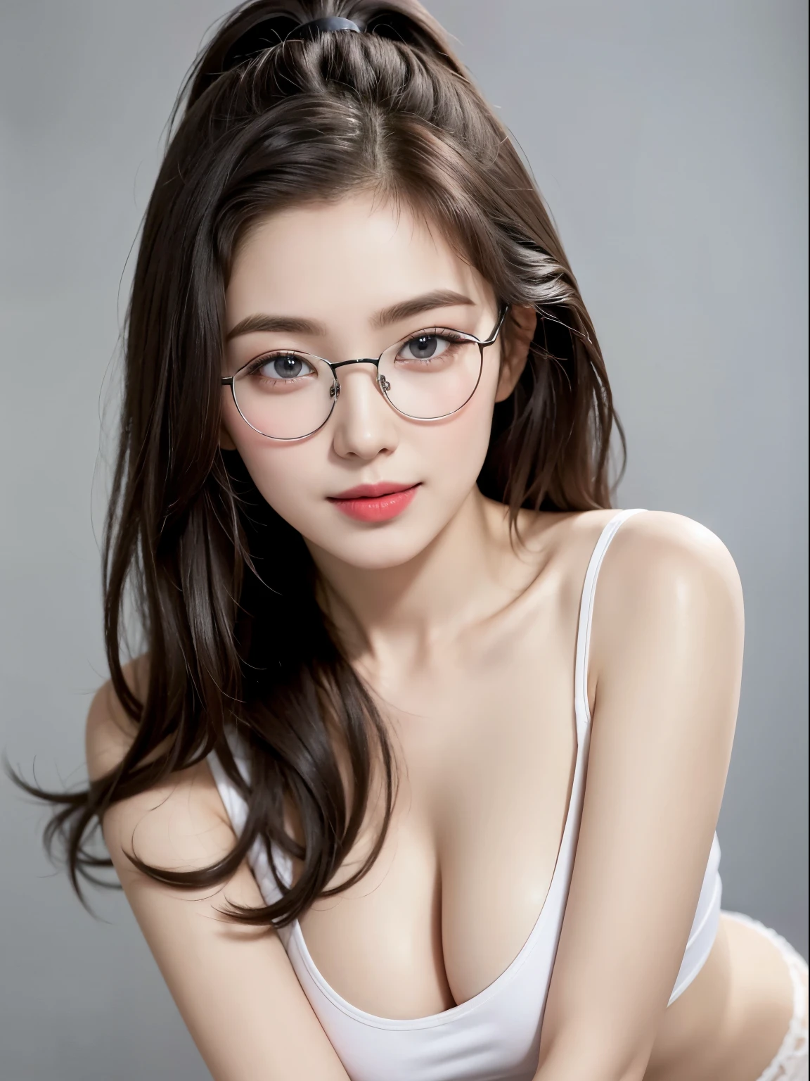 (Best quality, masterpiece, detailed), (RAW, 4k, hd images), shy, 1 girl, , white skin, long hair, ponytail, layers hair, bangs, black hair, beautiful girl, cute girl, sweet girl, pretty girl, perfect girl, thin body, slim body, pretty eyes, blue eyes, thin lips, thin, (eye line, lip stick soft), big round breast, glasses, black galsses frame, simple background, smile, waist, hips, random tshirt, random angle capture, hands free style, half body, huge round breast, large round breast, cleavage