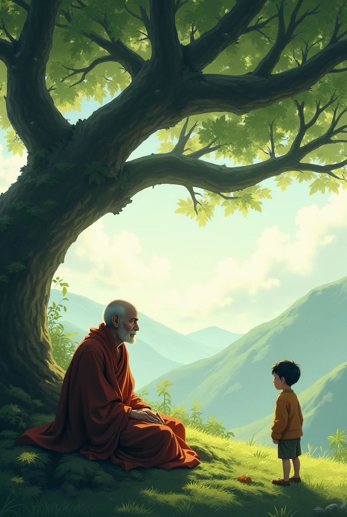 A old monk sit under a tree and a young boy stand from distance