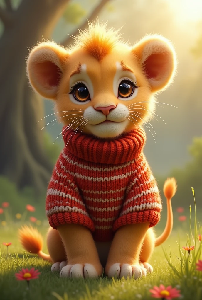 Lion cub wearing sweater