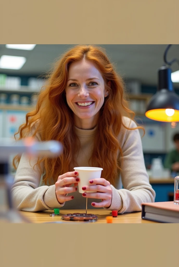 a vibrant and cheerful portrait photograph of ginger haired smart British woman Hannah Fry having eureka moment when she assembled simple principles of loud speaket from copper coils, magnets and a paper coffee cup as a membrane, realistic, at the school education laboratory, insanely intricate details, ultrasharp focus, shallow depth of field, ambient lighting, professional cinematic photography masterpiece with faint reflection in the coffee cup