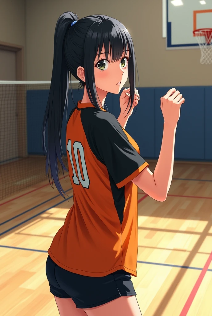 Japanese black hair high school girl painting style。
oil。
Volleyball club practicing in the gym。
The uniform is black and orange with short sleeves.、Black underneath。The number on his back is 10. It looks like a photograph.。
