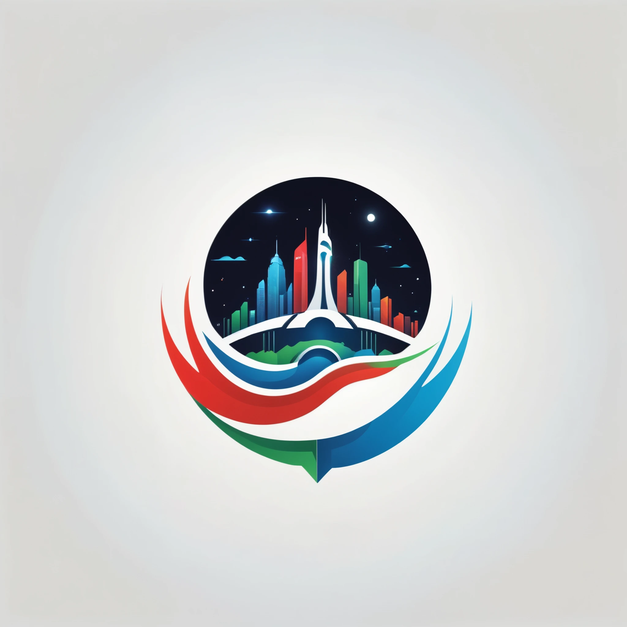 a futuristic logo for KSS Kajen Smart City, white, blue, red, green abstract geometric shape of a city, minimalist, 3D, sleek, modern, clean, elegant, eye-catching, innovative, dynamic, environmentally-friendly, forward-thinking, (best quality,4k,8k,highres,masterpiece:1.2),ultra-detailed,(realistic,photorealistic,photo-realistic:1.37), with text "Kajen Smart City" below logo