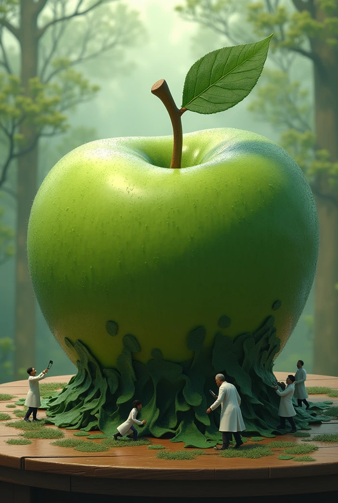 A Big Gaint Green Apple like a final boss on table with Morning dew drops on it. While mini evil doctors are trying to cover it with a big camouflage sheet that matches the background.