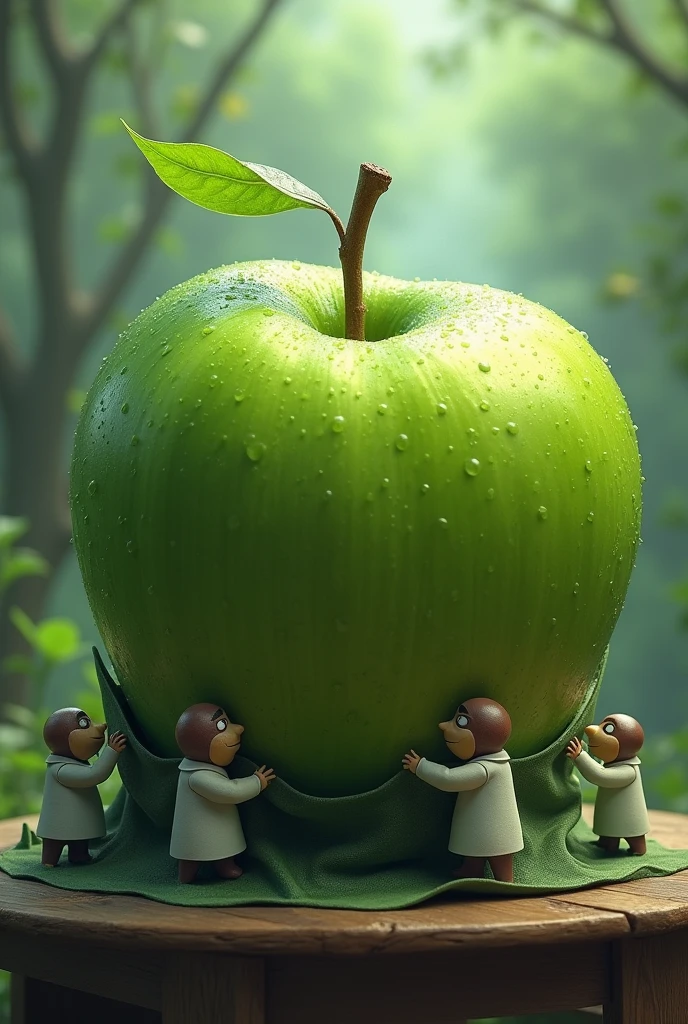 A Big Gaint Green Apple like a final boss on table with Morning dew drops on it. While mini evil doctors are trying to cover it with a big camouflage sheet that matches the background.