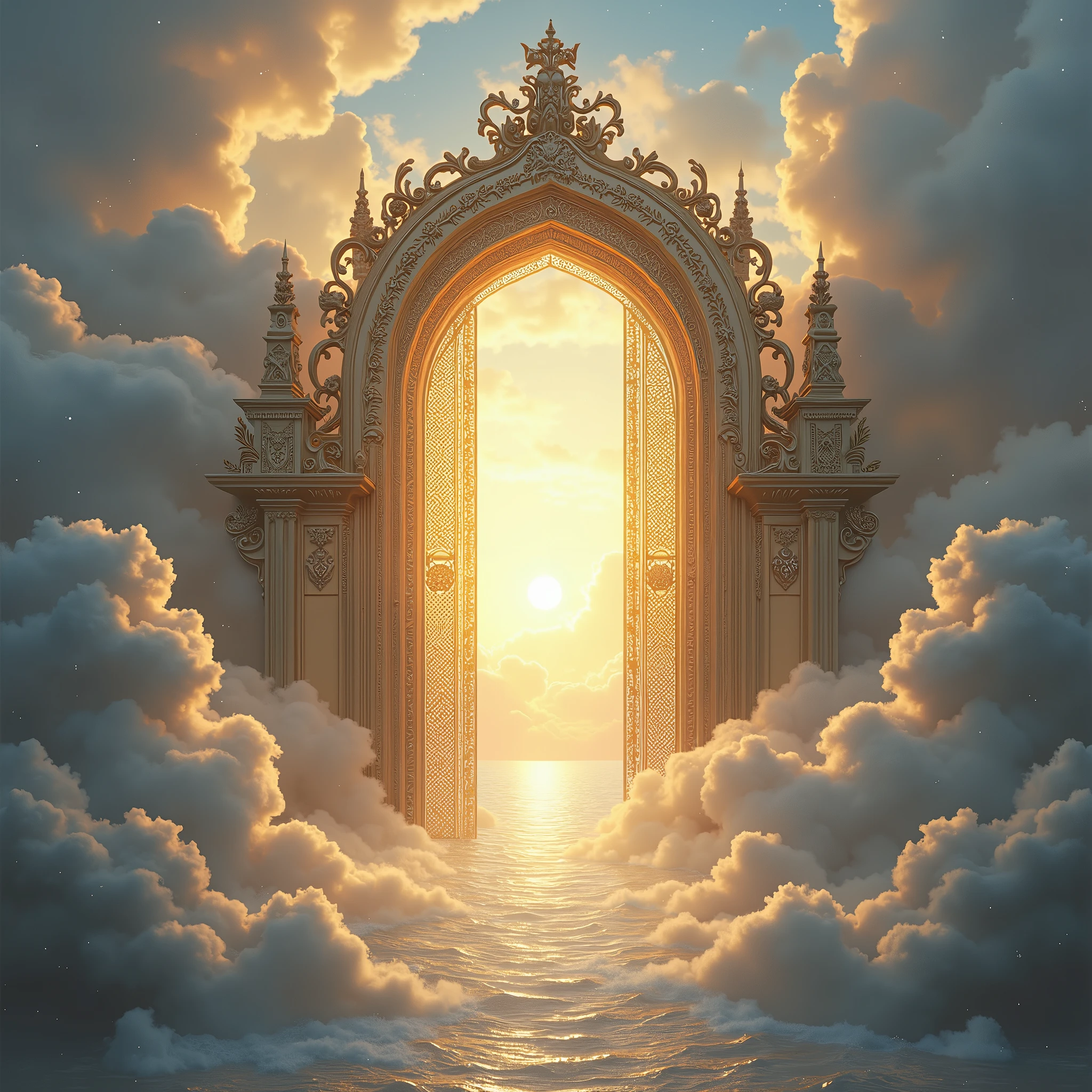 pearly gates of heaven, ethereal, intricate details, angels, clouds, 7th sky