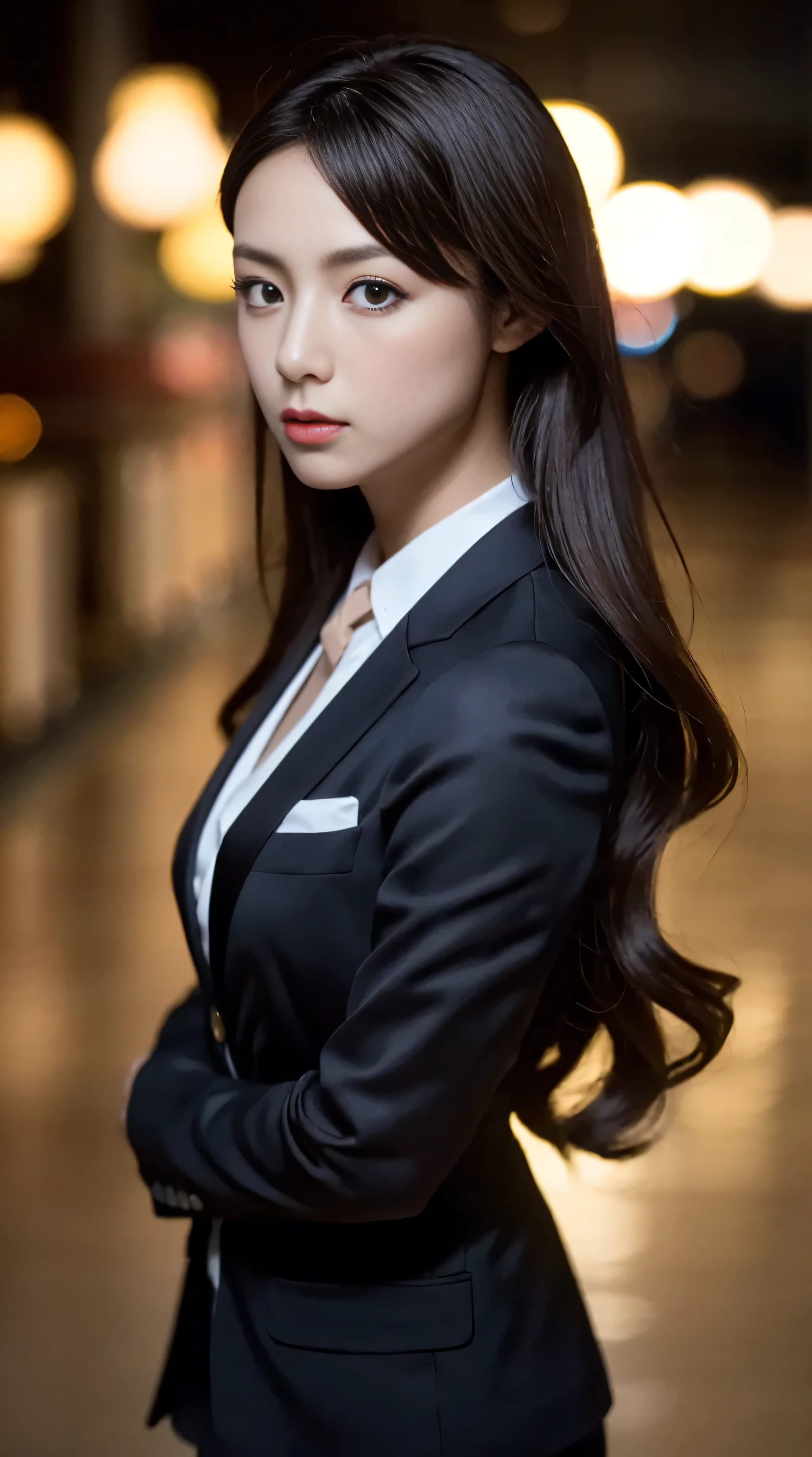 Dark and gloomy, 8k, Close-up of a 30 year old brunette Brazilian businessman standing against a dark background at night, (Real dark brown hair is straight、there are waves of light) , Compensate, Red lips, Brown eyes, (Wearing a black tailored blazer from Chanel, Black silk blouse and black straight pants), Look confident, Surreal, {She had beautiful olive skin.}, (Highly detailed skin: 1.2) {{{masterpiece}}}, Realistic texture, Dynamic configuration, Fujifilm XT2, 85mm f1.2, Shutter Speed 1/80, (Bokeh), High Contrast、
