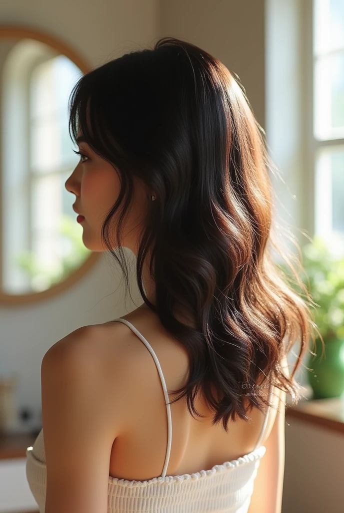 Semi-long hairstyle seen from the back、Top Volume、Hair bouncing on shoulders、Gently curving hair、Outside flip、Tightening around the neck、Airy feeling、Japanese、Strong waist、Hairy、Soft texture、Reduce hair volume、Inside the beauty salon、Natural light