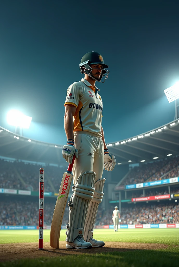 Cricket player on crowded cricket stadium full of lights