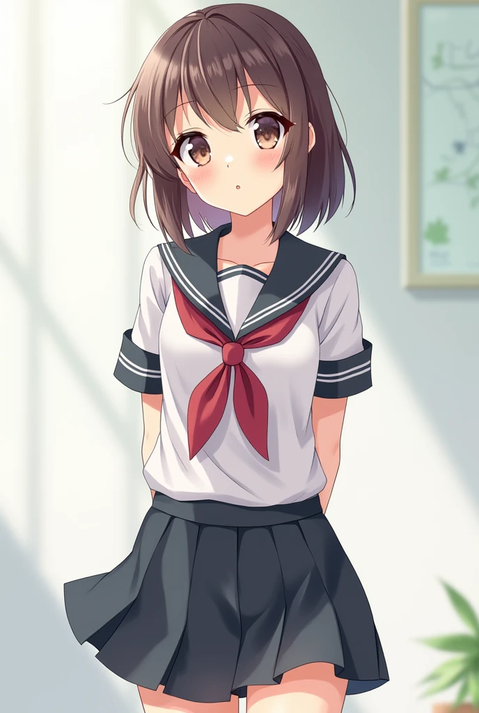 Beauty Anime Girl with school drass 9:16 ratio.Stand up . smil face .look like real.simple background.Wid angle shot