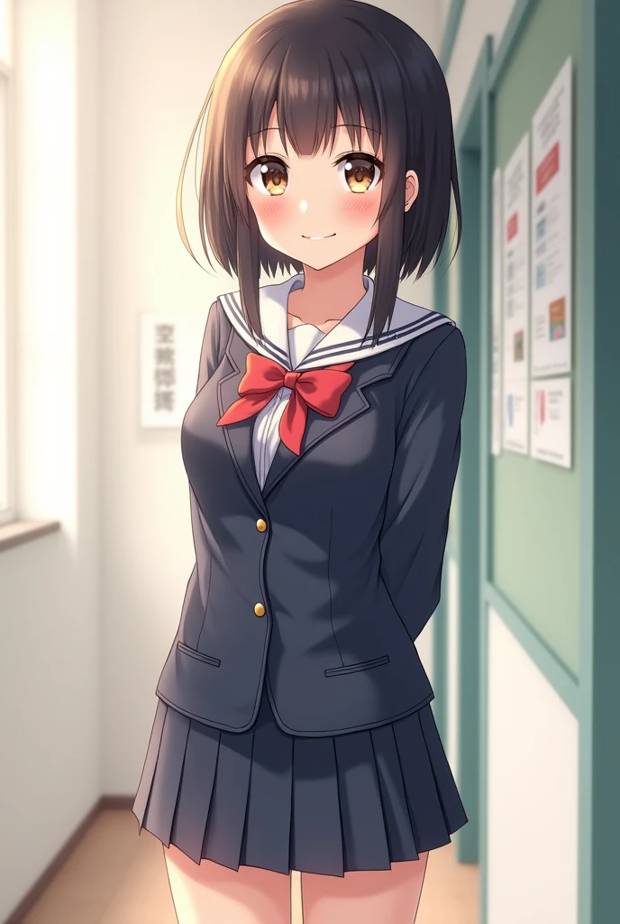 Beauty Anime Girl with school drass 9:16 ratio.Stand up . smil face .look like real.simple background.Wid angle shot