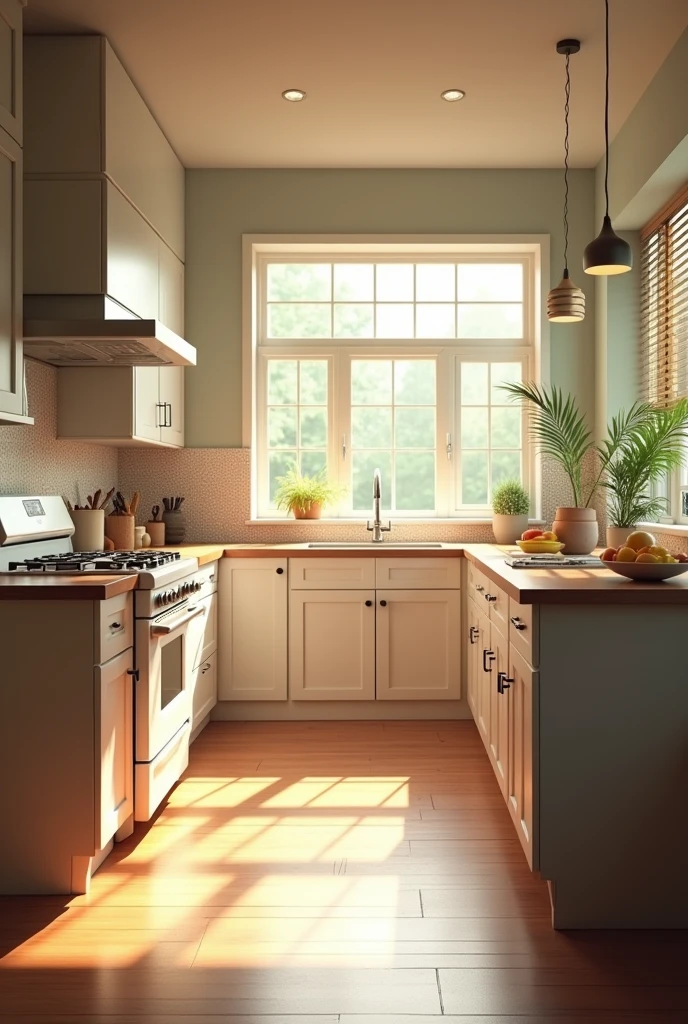 There is a kitchen with a stove, sink, And windows, Kitchen on a sunny day, Brightly lit kitchen through windows, Rendered in Corona, Rendered with Unreal Engine 5, Rendered with Unreal Engine 6, Rendered in Unreal Engine 4K HQ, Made with Unreal Engine 5, Rendered in Unreal Engine 4K, Detailed natural lighting, Made with Unreal Engine. Window on the front.