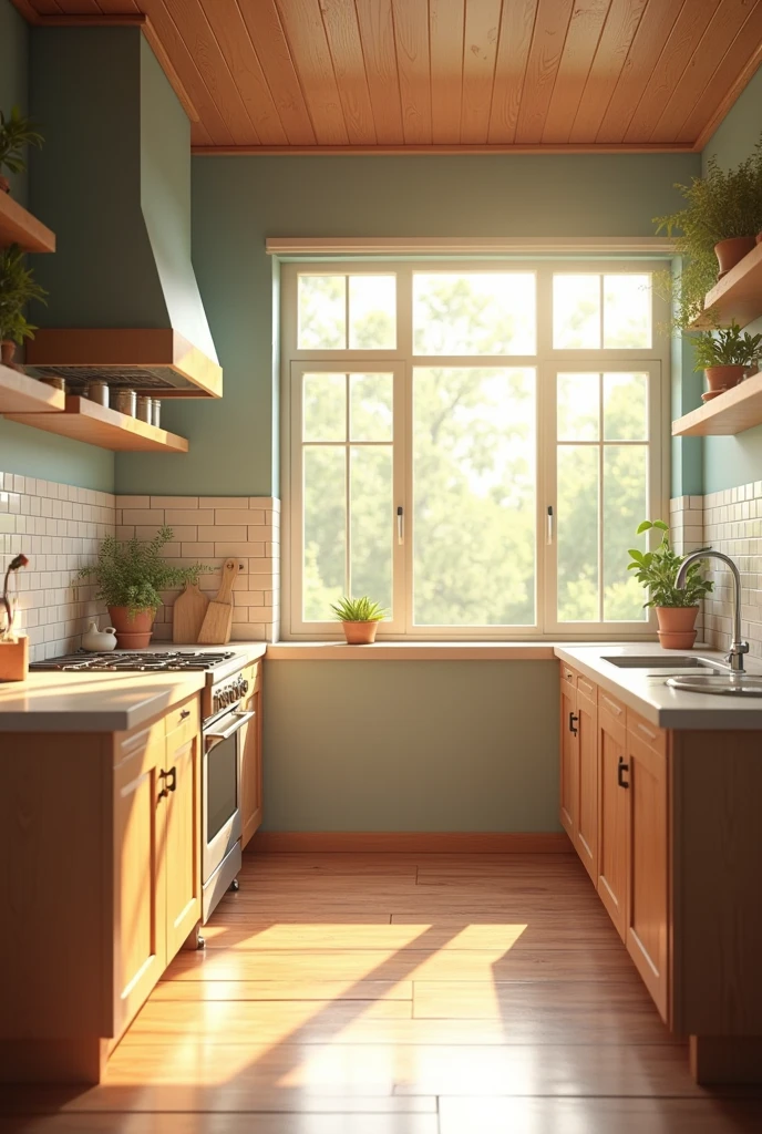 There is a kitchen with a stove, sink, And windows, Kitchen on a sunny day, Brightly lit kitchen through windows, Rendered in Corona, Rendered with Unreal Engine 5, Rendered with Unreal Engine 6, Rendered in Unreal Engine 4K HQ, Made with Unreal Engine 5, Rendered in Unreal Engine 4K, Detailed natural lighting, Made with Unreal Engine. Window on the front.