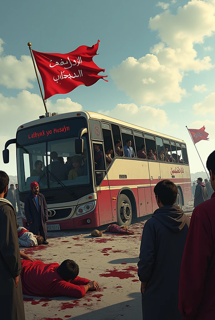 "A tragic accident scene featuring a severely damaged bus lying on its side, with injured people scattered around and inside. Blood stains are visible on the bodies and clothes of the injured, adding to the grim atmosphere. On top of the bus, a large flag with the inscription 'لبیک یا حسین' is prominently displayed, symbolizing faith amidst the chaos. The scene captures the aftermath of the crash, with bystanders rushing to assist and an air of sorrow and urgency filling the environment."