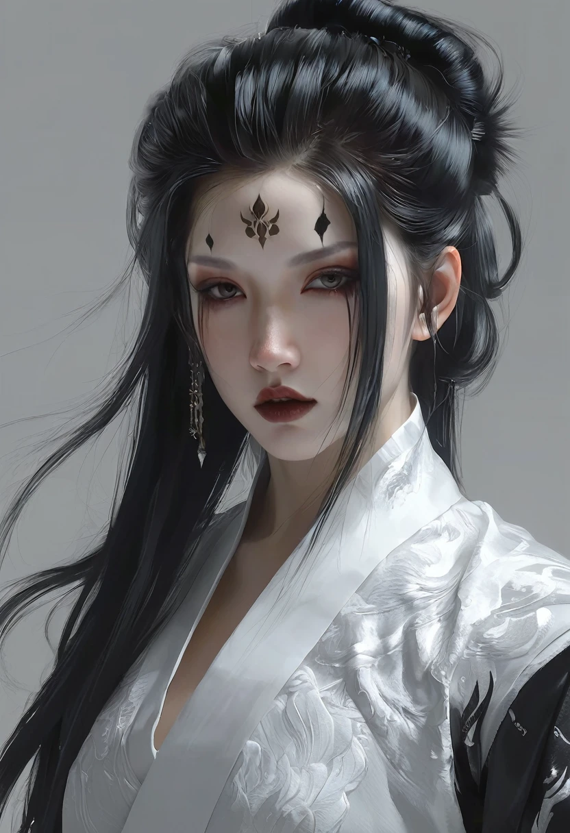 A woman with black hair and white skin, artwork in the style of Gu Weiss, Gu Weiss, the style of WLOP, ross tran and WLOP, Inspired by WLOP, Eve Ventro, in style of WLOP, WLOP and ross tran, Pan Chengwei on artstation, best on WLOP, WLOP |，Black lips，A long sword hangs from his waist