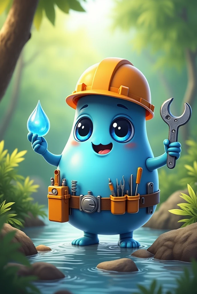 A cute water droplet is the main character and it holds a drop of treated water in one hand and other hand has a spanner.
Also it have a belt which holds several tools and a safety helmet.
The concept should indicate that the main character is a cute engineer.
The background must be of a nature
